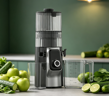 เครื่องสกัดน้ำผลไม้แบบหนืด Fresh Smart HJ102C – เครื่องสกัดน้ำผลไม้ที่ทำให้การดื่มน้ำผลไม้สดเป็นส่วนหนึ่งของกิจวัตรประจำวันของคุณ ด้วย 3 ระดับความเร็วที่ปรับได้, ช่องใส่ผลไม้กว้าง 135 มม., ระบบสกัดเย็น 200W และระบบทำความสะอาดตัวเอง