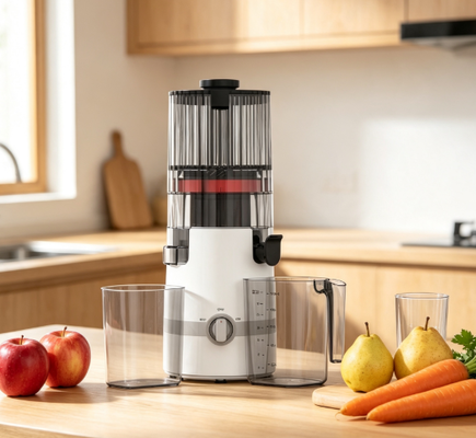 เครื่องสกัดน้ำผลไม้แบบบดช้า Fresh Smart HJ102B – ตัวเลือกที่เรียบง่าย ฉลาด และปลอดภัยสำหรับครอบครัวของคุณ พร้อมช่องใส่ผลไม้ขนาด 135 มม., ระบบสกัดเย็น 200W, ระบบทำความสะอาดตัวเอง และระบบล็อคเพื่อความปลอดภัย