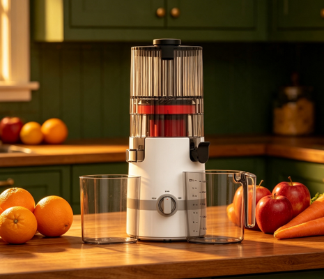 เครื่องสกัดน้ำผลไม้แบบบดช้า Fresh Smart HJ102B – การเดินทางสู่สุขภาพที่ดีขึ้นของครอบครัวคุณเริ่มต้นที่นี่ ด้วยช่องใส่ผลไม้ขนาด 135 มม., ระบบสกัดเย็น 200W, ระบบทำความสะอาดตัวเอง และระบบล็อขนิรภัย
