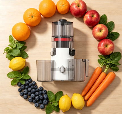 เครื่องสกัดน้ำผลไม้แบบบดช้า Fresh Smart HJ102B – กิจวัตรประจำวันเพื่อสุขภาพของครอบครัวคุณ ด้วยช่องใส่ผลไม้ขนาด 135 มม., ระบบสกัดเย็น 200W, ระบบทำความสะอาดตัวเอง และระบบล็อคเพื่อความปลอดภัยเพื่อความอุ่นใจ