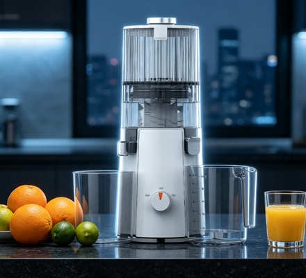 เครื่องสกัดน้ำผลไม้แบบบดช้า Fresh Smart HJ102A – เครื่องสกัดผลไม้ทั้งลูกขั้นสุดยอด พร้อมช่องใส่ผลไม้กว้าง 135 มม., การสกัดเย็น 55 RPM, ระบบทำความสะอาดตัวเอง และให้ปริมาณน้ำผลไม้สูงสุด