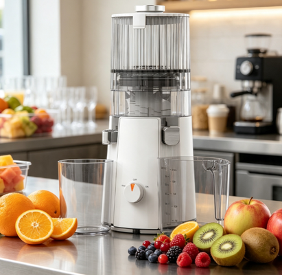 เครื่องสกัดน้ำผลไม้แบบบดช้า Fresh Smart HJ102A – เครื่องสกัดแบบสกัดเย็นที่คงคุณค่าสารอาหาร พร้อมช่องใส่ผลไม้ทั้งลูกขนาด 135 มม., ระบบทำความสะอาดตัวเอง และแรงดันไฟฟ้าคู่สำหรับการใช้งานทั่วโลก